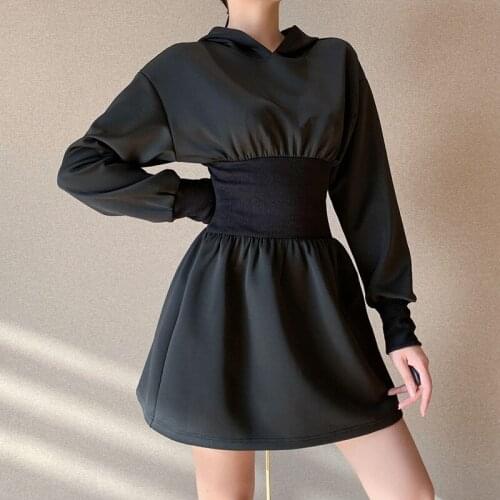 Urifens Long Sleeve Hooded Women Corset Dress 2021 Spring Summer Loose Ball Gown Black Dress Casual Loose Female Clothing BT50U