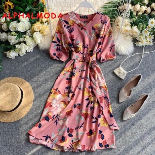 ALPHALMODA Holiday Dress 2019 New Autumn Half-sleeved V-neck High Waist Slim Women Sweet Floral Print Mid-calf Chiffon Dress