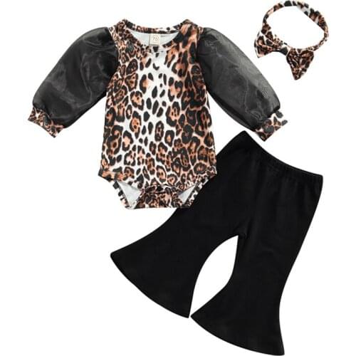 Pudcoco 0-24M 3Pcs Leopard Print Long Sleeve O-Neck Baby Girls Button Up Bodysuit Tops+Flare Pants+Headdress Outfit Sets