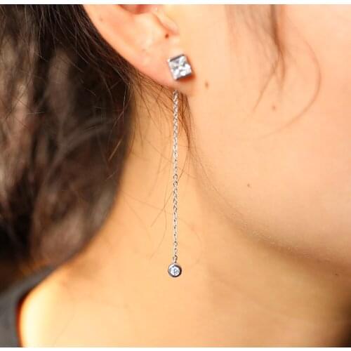 925 sterling silver square round cz Earrings for Women Gold Color double sided Earrings long chain tassel Shape Cute Earrings