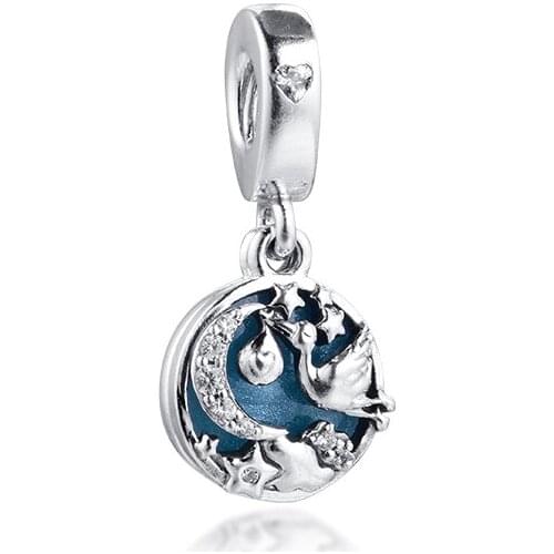 Stork & Twinkling Stars Dangle Charm Fit Bracelets Necklaces DIY Beads Gift Fine Jewelry for Women Lady Friend 021207