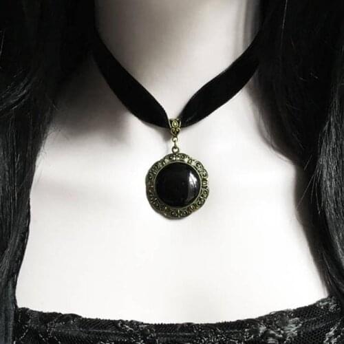 Gothic Victorian Black Velvet Choker Necklace with Black Stone