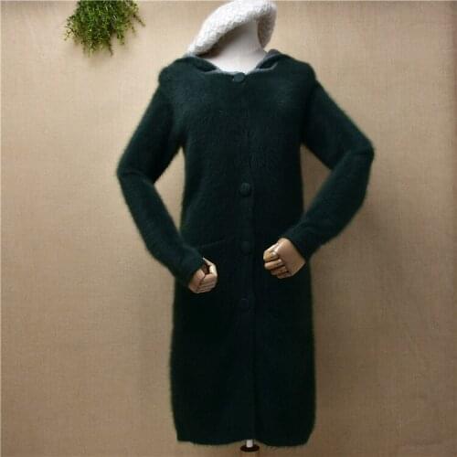 HANKERL ladies women fashion hooded hairy soft angora rabbit fur knitted slim long sweater cardigans cashmere fall winter jacket