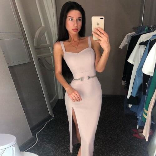 Hot Sexy Button Embellished Sleeveless Bandage Dress Thigh Slit Spaghetti Strap Gold Cord Cold Shoulder Midi Bodycon Club Dress