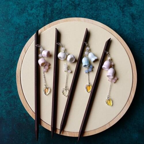 Chinese Ethnic Hairpin Hanfu Hair Accessories Tassel Step Shake Ancient Wooden Hair Sticks Ceramics Flower Hairpins Headdress