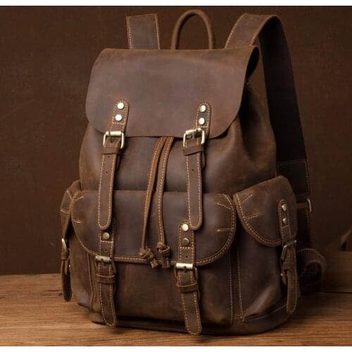 New Crazy Horse Leather Mens Backpack Vintage Top Layer Leather Handmade Backpack Leather Casual Computer Backpack
