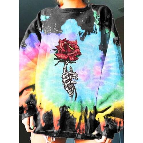 Red Rose Bone Printing Women Sweatshirt Loose Vintage Brand Design Streetwear Long Sleeve Oversized Fashion Casual Tops Spring