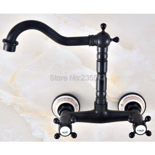 Black Oil Rubbed Brass Wall Mounted Swivel Spout Bathroom Sink Faucet Double Handle Mixer Tap Wall Mounted Lnf454
