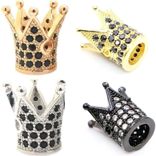 Micro Pave Black CZ King Crown Charm Royal Zircon Beads Spacer Fit Men Women Bracelet 3pcs/lot