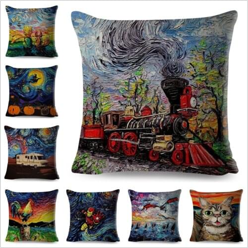 Cartoon Oil Painting Train Cushion Cover Decor Animal Pillow Case Polyester Pillowcase for Sofa Home Car Children Room 45*45cm