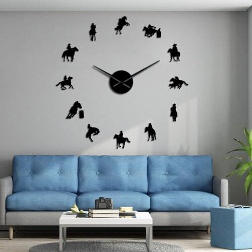 Equestrian Rodeo DIY Wall Art Acrylic Mirror Stickers Large Wall Clock Cowboy Home Decor Horse Rider Silhouettes Frameless Watch