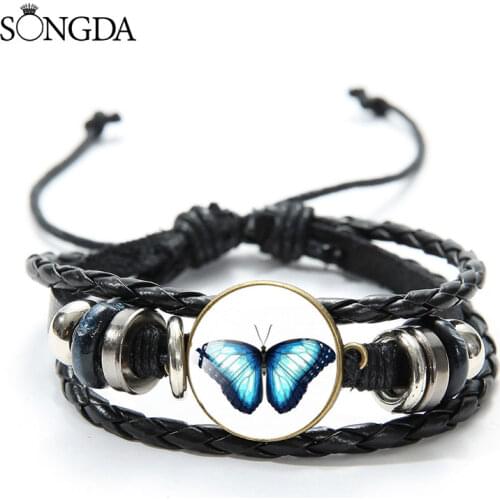 Charm Fashion Butterfly Leather Bracelets Adjustable Handmade Glass Dome Multiple Layer Bracelet Snap Button Beads Wrap Bracelet