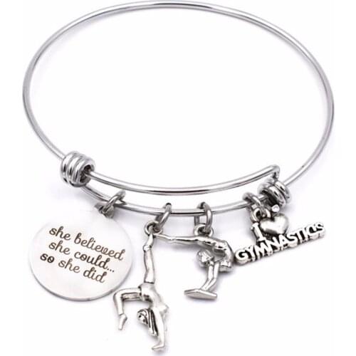 BULK 10pcs Stainless Gymnastics Gymnast Charm Bracelet Inspirational Adjustable Wire Bangle Birthday Jewlery Gift for Teen Girl