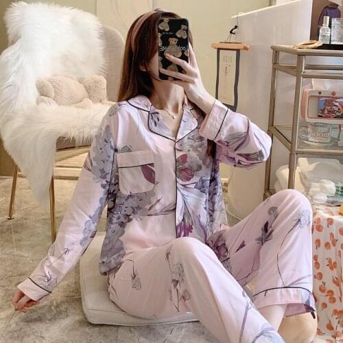 Cotton Silk Printed Pajamas Womens Spring and Summer Long-sleeved Thin Japanese Sweet and Viscose Large Size Home Service Suit