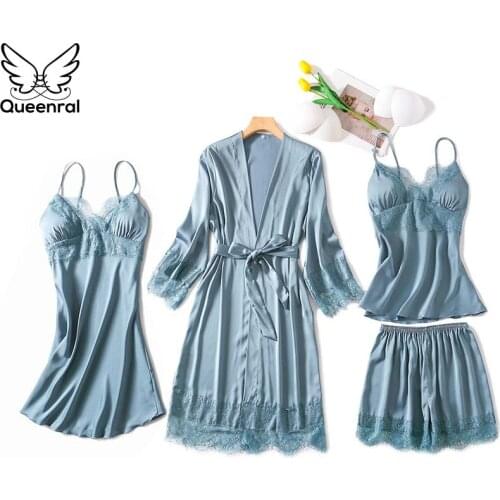 Queenral 4PCS Pajamas Set For Women Silk Satin Sleepwear Pijama Home Wear Sleep Lounge Pyjama With Chest Home Clothes
