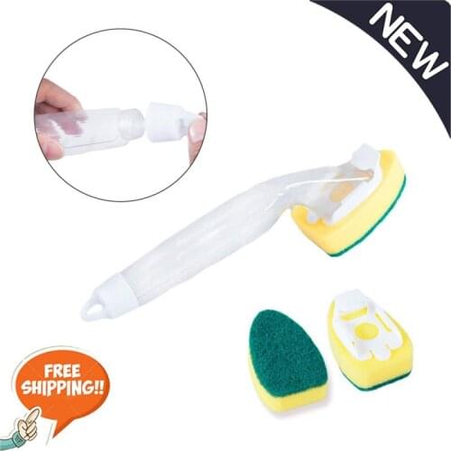 Replaceable Cleaning Brush With Refill Liquid Handle Scouring Pad Sponge Brush Dispenser Dish Scrubber Home Washing Tool