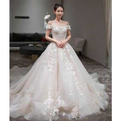 Wedding Dress Elegant Boat Neck Sweep Train Ball Gown Off The Shoulder Luxury Lace Appliques Plus Size