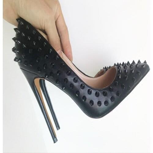 Fashion free shipping black Leather spikes Poined Toe Stiletto Heel high heel shoe pump HIGH-HEELED SHOES dress shoe