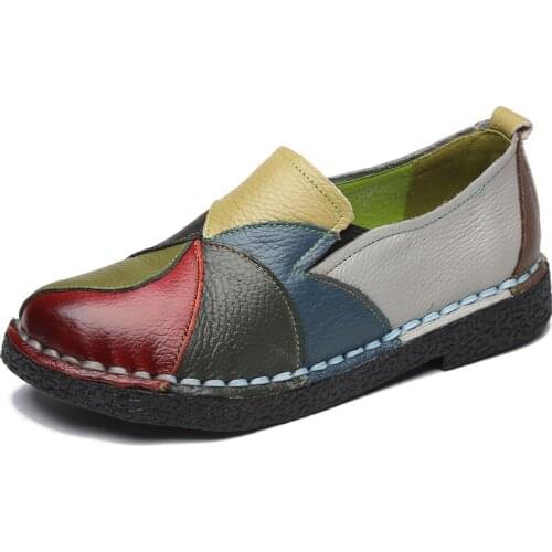 Handmade Retro Soft Bottom Flat Shoes Women Autumn Genuine Leather Shoes Patchwork Casual Leather Shoes Woman XKD8017