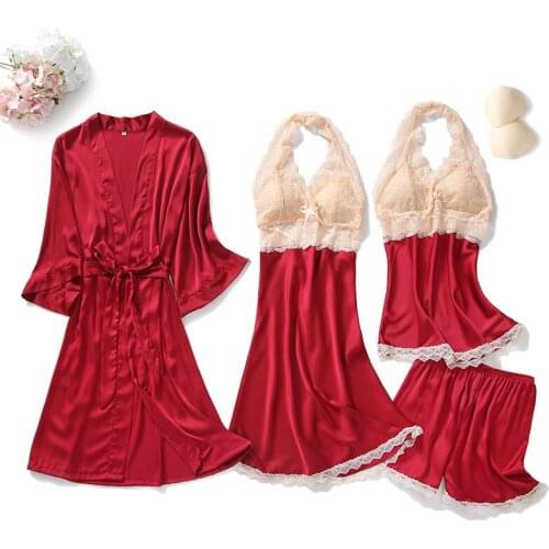 Spring Autumn 4/3/2/1 Pieces Women HomewearIce Silk Pajamas Sleepwear Suit Elegant Sexy Lace Fashion Homewear Robe Sets