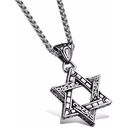 Stainless Steel Vintage Jewish David Star Pendant Necklace Male Style Israel Jewlery for Men