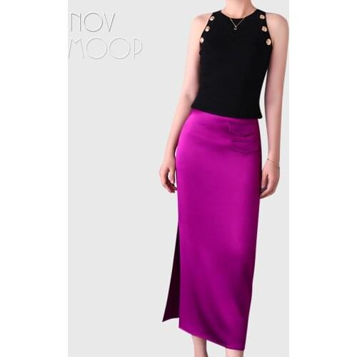 Novmoop sexy elegant women skirt middle calf length dense silky satin acetate fabric top grade workmanship MUST HAVE LT3534