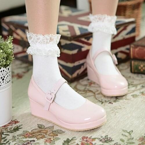 Anime Cosplay Sweet Lolita Shoes Round Head Muffin Heel Woman Shoes Bowknot Kawaii Loli Cos Wedge Female Pu Womens Footwear