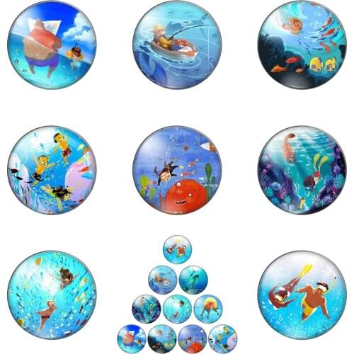 Cartoon Snorkeling Swiming Sea Fish 10pcs 12mm/14/16/18mm/20mm/25mm Round Photo Glass Cabochon Demo Flat Back Making Findings