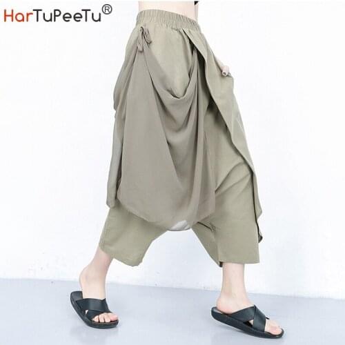 2021 Summer Women Harem Pants Cotton Line Chiffon Blend Patchwork Hip Hop Plus Size Loose Drop Crotch Ankle-Length Trousers