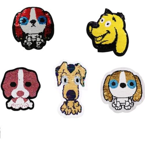 3PCS Cartoon Dog Puppy Sequins Patch Sew On Patch DIY Embroidered Bling Bling Cutie Puppy Dog double-faced Reversible