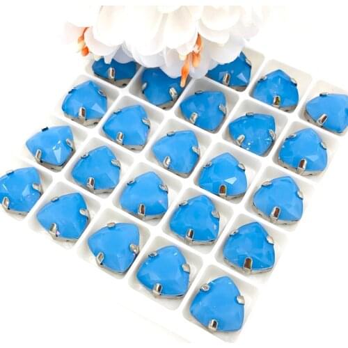 Free shipping 12mm Fat Triangle shape Protein blue High quality Glass Crystal sew on rhinestones diy/clothing accessories