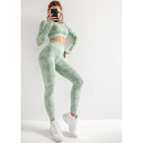 CHRLEISURE 3PCS Women Yoga Set Camo Seamless Fitness Leggings Sports Bra Long Sleeve Crop Top Running Gym Sportswear Set