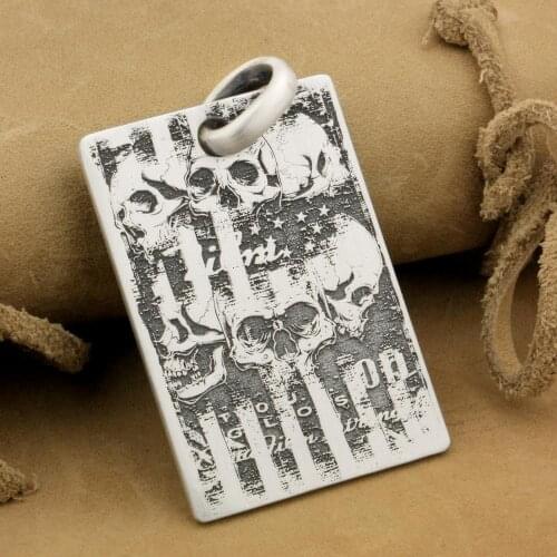 Details 925 Sterling Silver Skulls Dog Tag Mens Biker Rocker Punk Pendant 9X008 JP 30x43mm