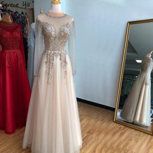 Dubai Champange A-Line Sexy Evening Dresses Long Sleeves Beading Diamond Sparkle Formal Dress Serene Hill 2020 LA70647