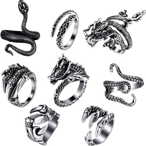 Hip Hop Gothic Open Ring for Men Women Solid Metal Set Adjustable Size Halloween Emo Boho Gift Jewelry Grunge Vintage DIY Rock