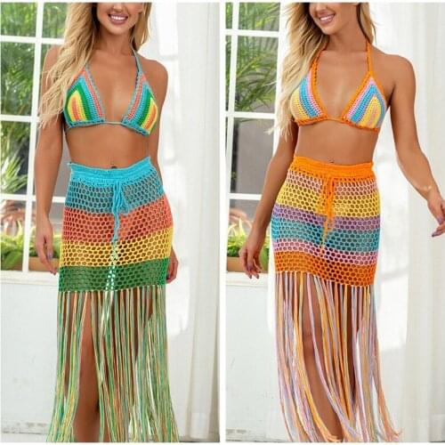Colorful crochet 2PCS/SET beach dress sexy women bra top+ hollow out long tassel skirt bikini swimwear cover up
