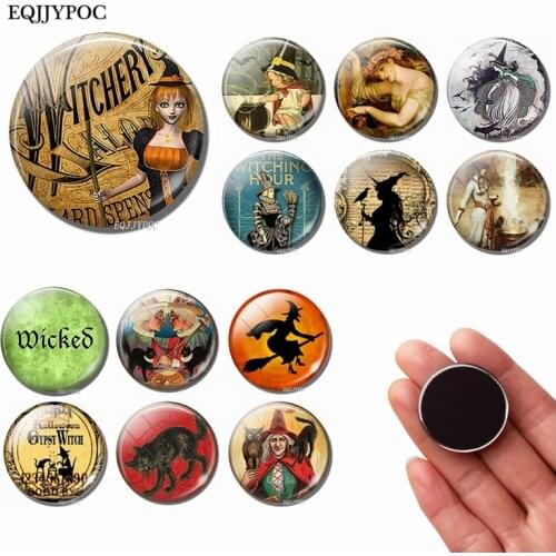 Fairytale Witch 30MM Fridge Magnet Halloween Sorceress Glass Cabochon Magnetic Refrigerator Stickers Note Holder Home Decoration