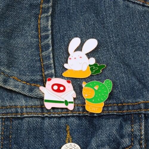 Cartoon Cute Animal Enamel Pins Funny Rabbit Pig Cat Brooches Metal Badge Jackets Coat Lapel Fashion Jewelry Gift for Kids Girls