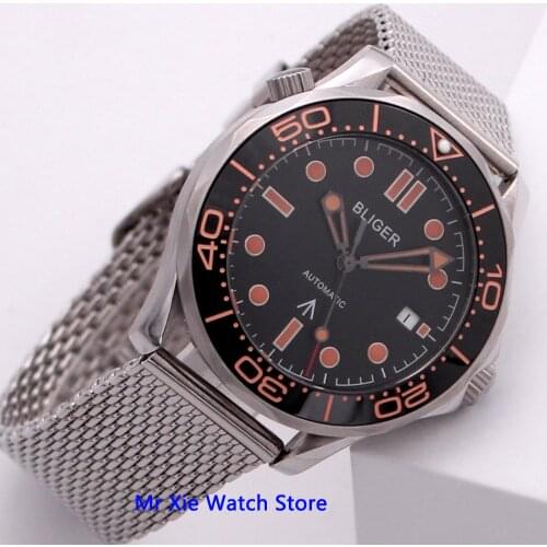 Bliger 41mm Black Dial Automatic Mechanical Mens Watch Sapphire Crystal Luminous Waterproof Calendar Male Wristwatch