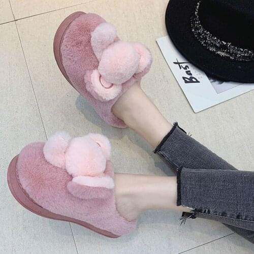 Women New Winter Faux Fur Home Cute Slippers Cartoon Fluffy Flat Warm Plus Size Female Comfort Ladies Bedroom Shoes MTX106