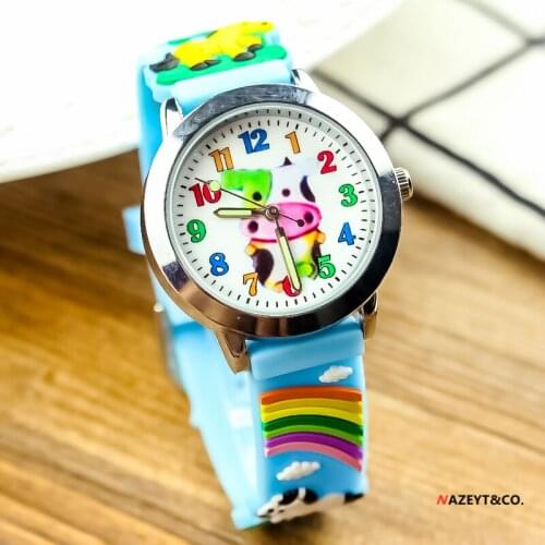 New fashion little girls boys lovely cow dial cartoon watch children luminous hands rainbow horse 3D silicone strap gift clock