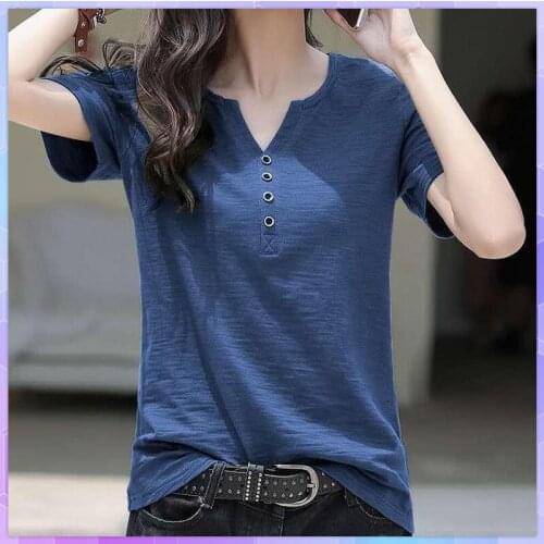 Solid Basic Womens Tee Shirt Short Sleeve Oversized T-shirts Casual Solid White Fashion Top Loose Large Size V-neck Tops Woman