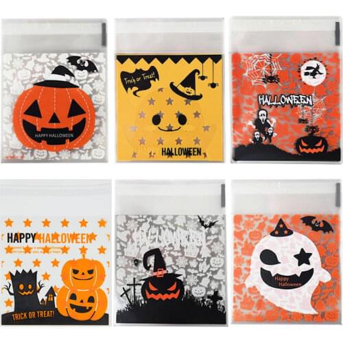 50/100Pcs 10x10cm Big Halloween Candy Bag Pumpkin Witch Print Self-adhesive Plastic Bags Happy Halloween Candy Cookie Packaging