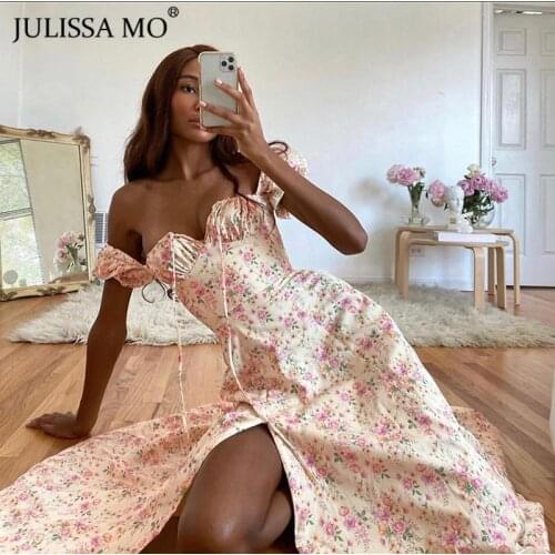 JULISSA MO Vintage Floral Print Long Dress Summer Square Collar Puff Sleeve Women Dresses Elegant Ruffles Split Party Vestidos