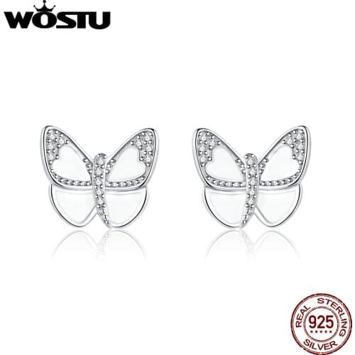 WOSTU 100% 925 Sterling Silver White Butterfly Stud Earrings For Women Wedding Small Earrings Silver 925 Jewelry BKE876