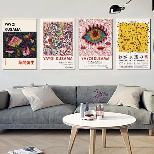Japanese Artist Yayoi Kusama Exhibition Poster Flower Mushroom Human Face Abstract Art Painting Canvas Picture Wall Home Decor