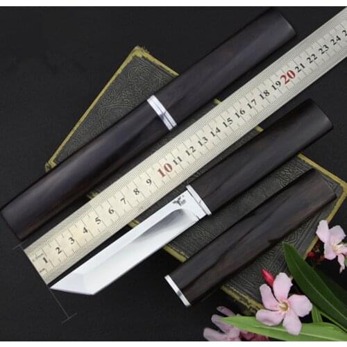 ToughKeng D2 Steel Blade Japanese Knife,58-60HRC Ebony Wood Handle Tanto Self-Defense Samurai Straight Knife