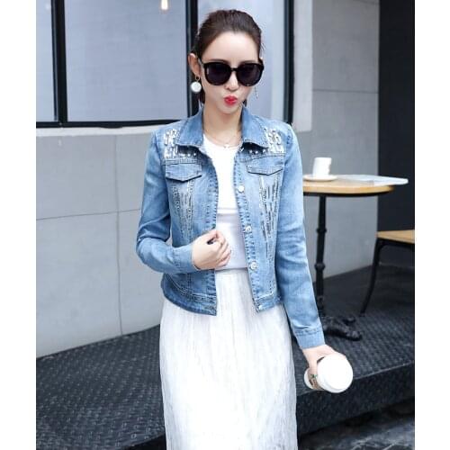2020 autumn women fashion slim water wash single breasted sequined denim outerwear lady short design jean cotton casual jacket