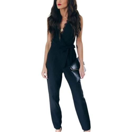 Ladies Rompers Playsuit Sexy V Neck High Waist Belt Wide Female Women Solid Color Sleeveless Jumpsuit for Workplace Wear