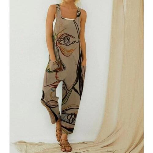 Puloru New Geometric Print Loose Jumpsuit Womens Sleeveless Straps Harem Pants Romper Summer Casual Fashion Plus Size Jumpsuit